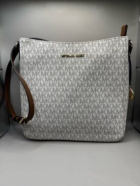 Michael Kors White Monogram Crossbody with Brown Strap